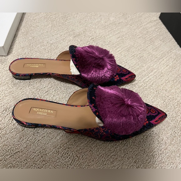 Size 41 - Aquazzura Powder Puff Pompom embellished Metallic Jacquard Mules - Picture 5 of 15